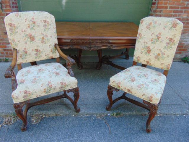 Carved & inlaid dining table with six carved & upholstered chairs (2 arm, 4 side), cross stretcher (1 of 10)