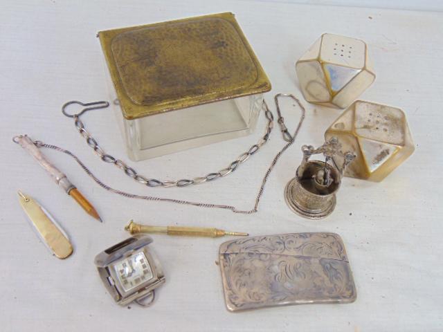 Lot, 14K pocket knife, Ward Bennett salt & pepper, small silver wishing well, lidded glass box with (1 of 8)
