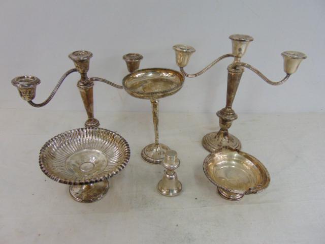 Weighted sterling silver lot, candelabra, footed bowls, tazza, one candelabra broken at base (1 of 2)