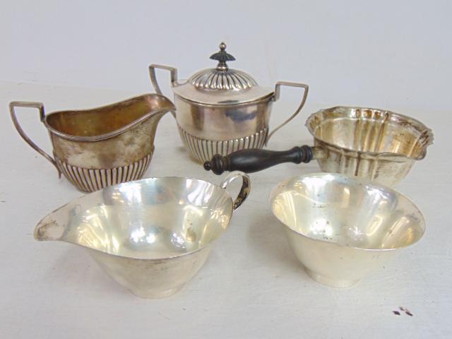 5 pieces sterling silver hollowware, 2 pitchers, 3 bowls, one with wood handle, 27.2 troy (1 of 3)