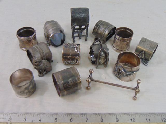 12 napkin rings plus one knife rest, barrel design & plain, few animals, cat, bird. (1 of 5)
