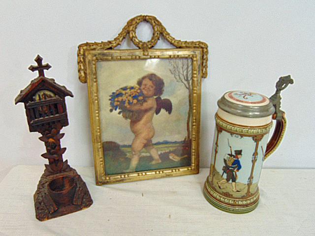 Mettlach stein, Putti print & Black Forest shrine with Mary & Child porcelain insert, stein (1 of 10)