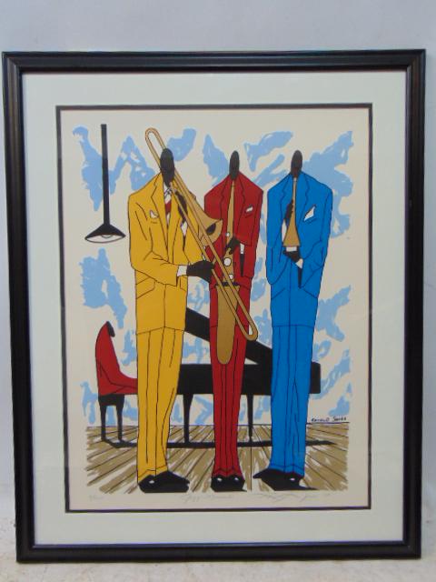 Lithograph, Jazz Moments", Ronald Jones, 5/250", hand colored, dated 1994, 25" by 19" (1 of 6)