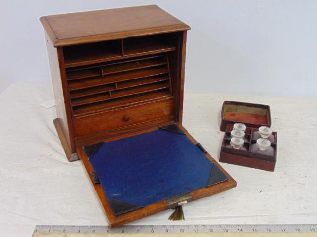 Oak desktop box with inkwells, letter trays, box is 11" tall, 11.5" wide, depth is 7" also includes (1 of 4)