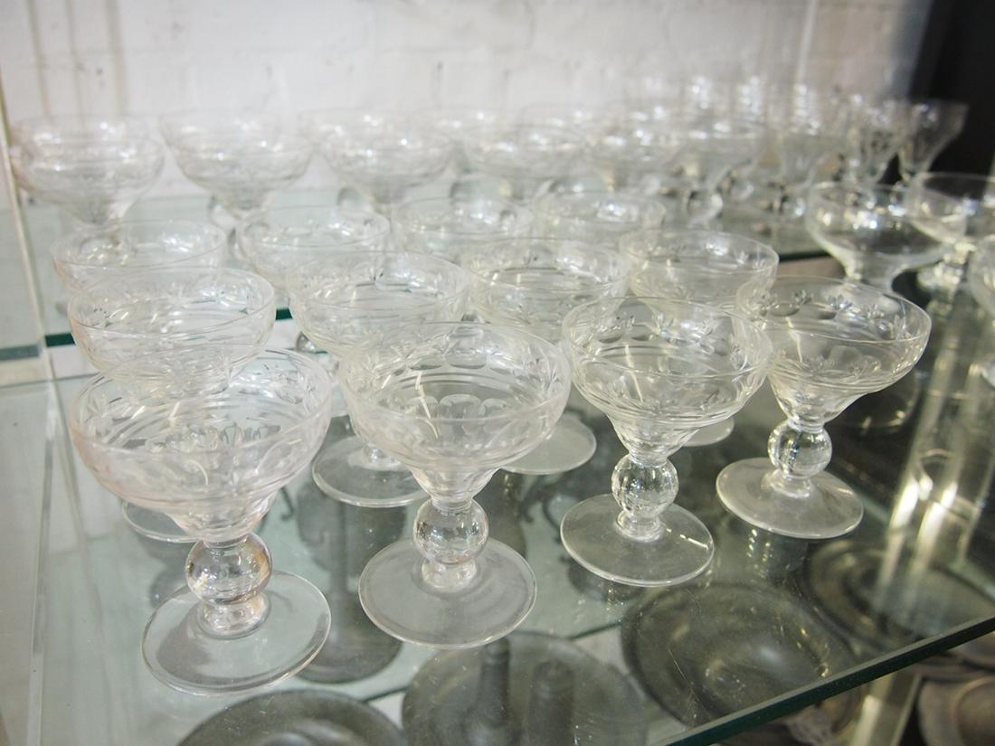 Lot antique cut glass stems, 2 sets, includes set of 8 plain sorbet style glasses, and three sets of (1 of 6)