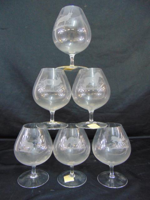 Set 6 Rowland Ward etched brandy or cognac snifters, etched with various animals, elk, zebra, horse (1 of 6)