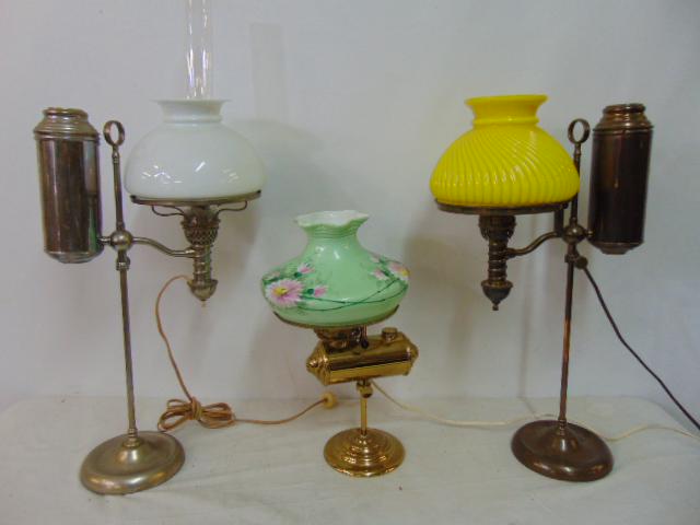 3 brass oil lamps with glass shades, two brass lamps with yellow & floral decorated shade (chimney (1 of 4)