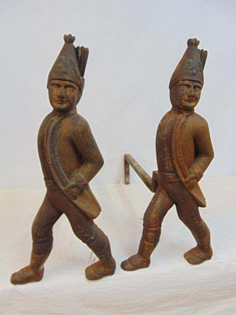 Pair Hessian figural cast iron andirons, traces of old paint, 20" tall, 24" deep (1 of 6)