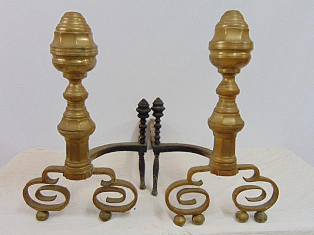 Pair brass Chippendale andirons with iron log holders, andirons are 22" tall, 12" wide, depth is (1 of 5)