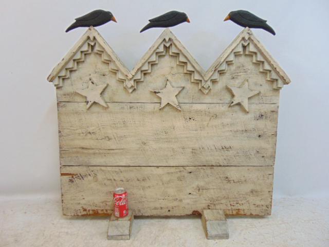Folk art sculpture, 3 crows on fence / wall, white painted wall with stars, with a crow on each (1 of 5)