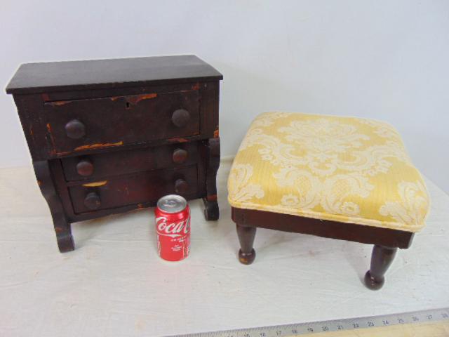 Miniature empire chest & small stool, 3 drawer mahogany empire chest (salesman sample ?), 13.5" by (1 of 4)