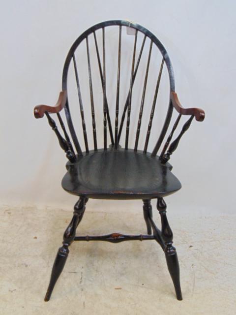 Windsor armchair, painted black, nice patina, chair is 22.5" wide, height is 38.5", seat height is (1 of 4)