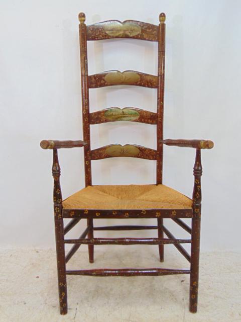 Paint decorated ladder back chair, antique arm chair with Dutch style scenes painted on the back (1 of 6)