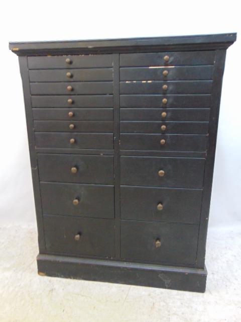 Dental cabinet, black painted wood, glass shelf top, 10 by 10 drawers, 33.5" by 12", height is (1 of 3)