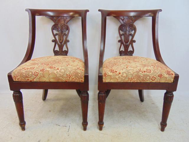 Pair curved back side chairs, carved backs, upholstered seat, one has small chip rear leg. (1 of 4)