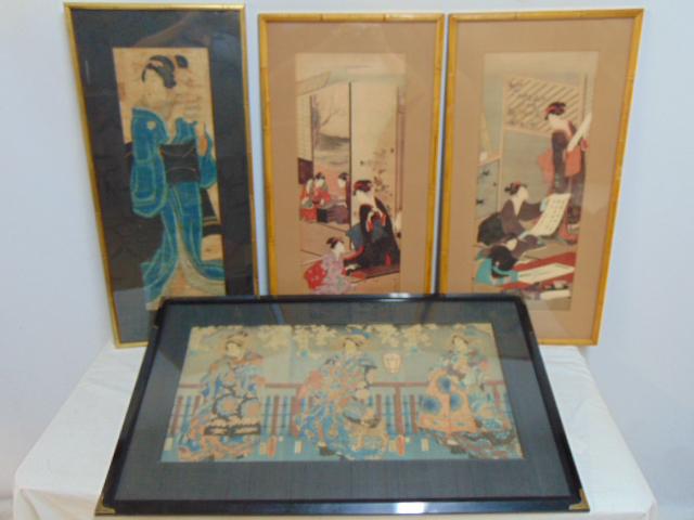 4 Japanese woodblock prints, early portrait of a lady, signed, 24.5" by 7.75"; woodblock print, (1 of 13)