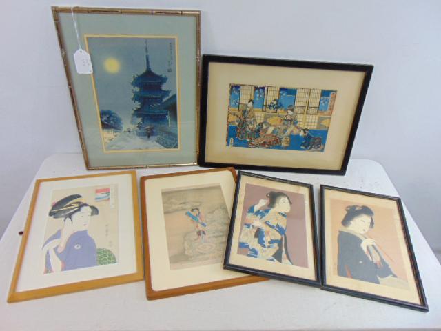 6 Japanese woodblock prints, includes pair portraits, single portrait, woman in the clouds, temple (1 of 12)
