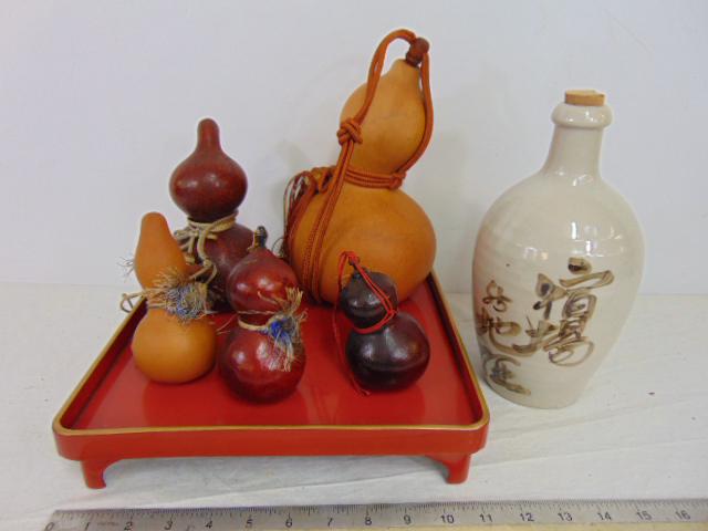 5 Japanese Gourd or Calabash water bottles, square lacquered tray & ceramic sake bottle with (1 of 5)