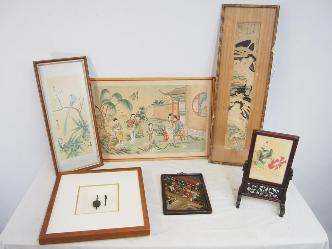 Lot Japanese art, woodblock prints, framed miniature musical instrument (?), painting (?) on linen, (1 of 11)