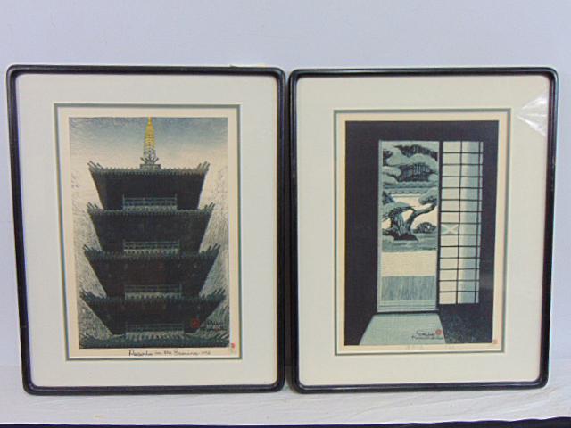 Pair Japanese woodblock prints, Shiro Kasamatsu, "Garden of Zen Temple", 1964 & "Pagoda in the (1 of 8)