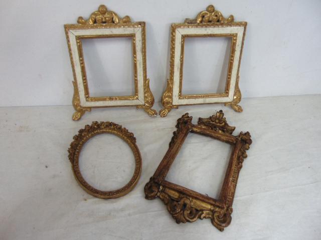 4 small carved wood gilt frames, includes pair frames, gilt & white paint, 6" by 5" each (opening), (1 of 7)