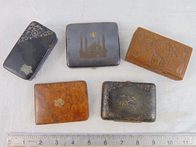 5 cigarette cases & small boxes, burl wood, metal, silver-plate, including signed Persian case with (1 of 7)