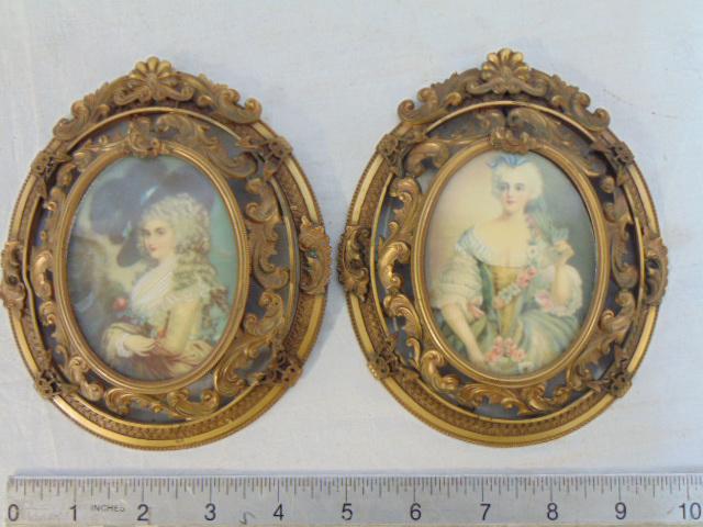 Pair miniature portraits in fancy brass frames, on "Ivorine", signed Smith & Roix, frames marked (1 of 6)
