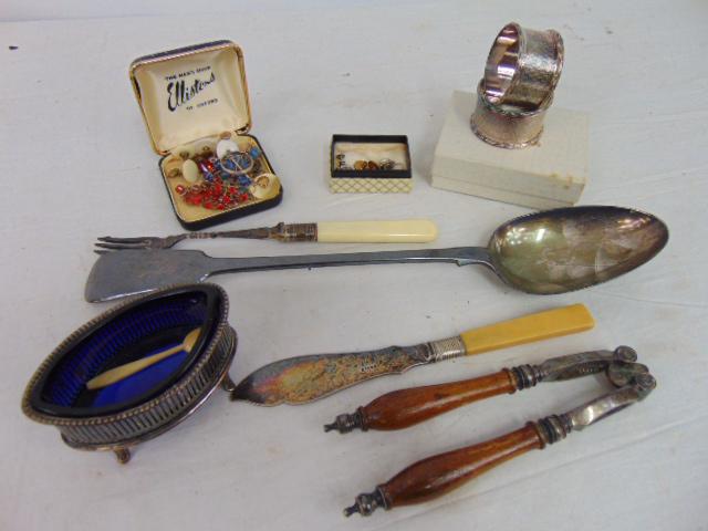 Lot jewelry & flatware, serving spoon, silver, silver plate, master salt with cobalt glass insert, (1 of 4)
