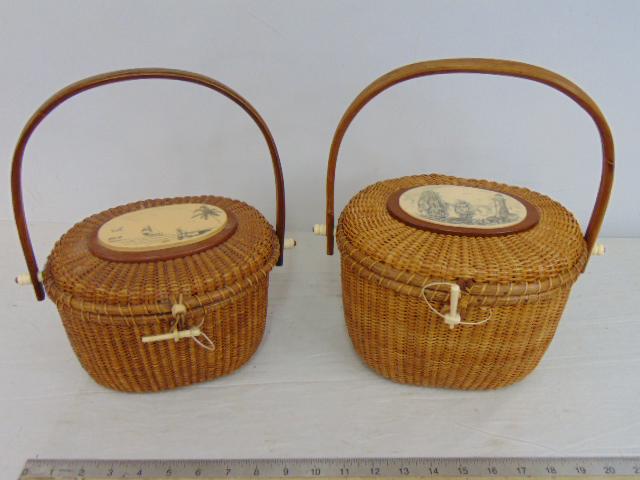 Two Nantucket lightship baskets by Farnum, one with tropical scene, palm tree, sailboat dated 1980 (1 of 10)