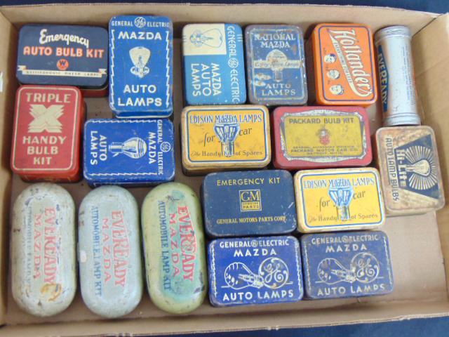 Tin lightbulb cases, vintage advertising, various tin lightbulb cases, including Mazda, Eveready, (1 of 6)