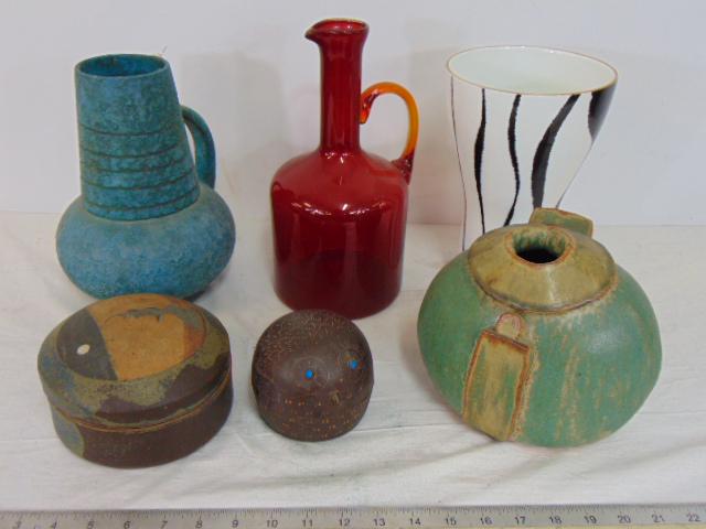 Art pottery, art glass & art metal lot, includes red glass pitcher with orange handle, 11.25" tall, (1 of 6)