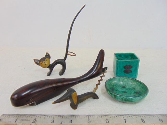 Austrian barware, Gustavsberg ceramics, bronze cat by Baller, Austria, square cup & small dish by: Austrian barware, Gustavsberg ceramics, bronze cat by Baller, Austria, square cup & small dish by Gustavsberg, Sweden, Rosewood whale bottle opener, Austrian bronze dog shaped corkscrew