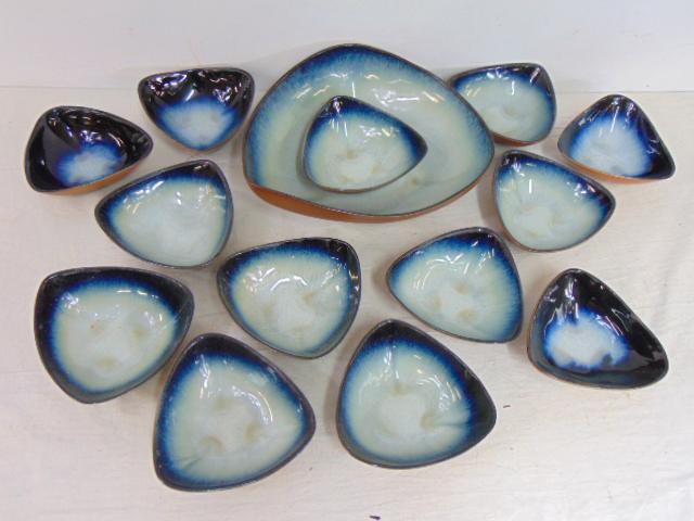 Peter Pots Mid Century ceramic salad set, large bowl & serving bowls, in gradient blue, signed Peter (1 of 5)