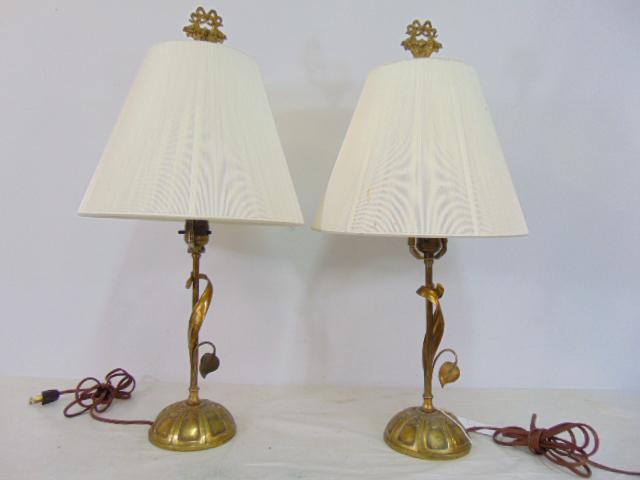 Pair brass table lamps with leaf decoration, linen shades, lamps are 24" tall, with flower basket (1 of 4)