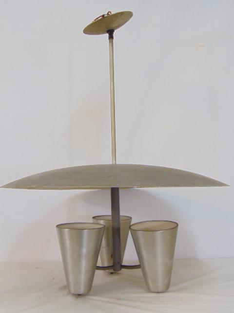 Mid Century hanging fixture, Lightolier, aluminum shade & 3 cone shaped socket holders, 26" in (1 of 5)