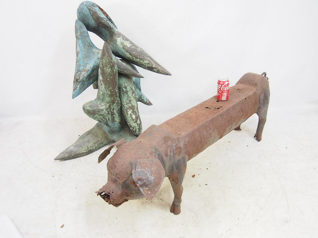 Copper clad carved wood sculpture & pig shaped bench, sculpture, pig is rusted, and is 56" long,: Copper clad carved wood sculpture & pig shaped bench, sculpture, pig is rusted, and is 56" long, some areas rusted through, likely took wood seat (long gone), sculpture in green, with copper & painted