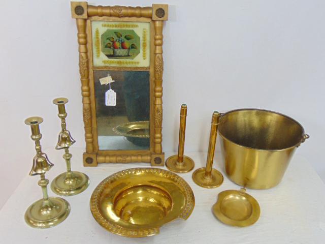 2 panel mirror, brass shaving bowl, brass bucket & 2 pair brass candlesticks, small double panel (1 of 8)