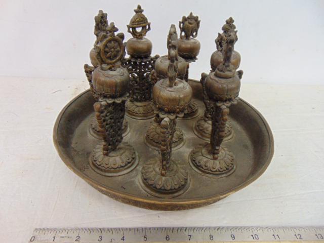 Brass tray with 8 Stupa figures, Buddhist art, tray is 12.75" in diameter: Brass tray with 8 Stupa figures, Buddhist art, tray is 12.75" in diameter