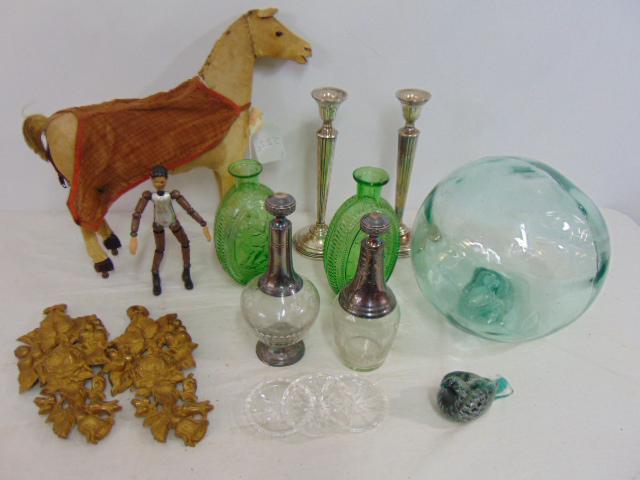 Misc. lot, glass, silver, horse, figure, eclectic lot of smalls, includes hide covered toy horse, (1 of 7)