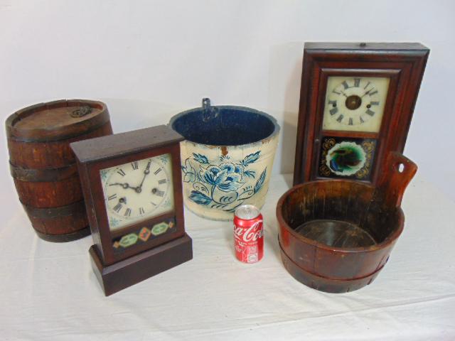 3 wood buckets, barrel & 2 clocks, oval oak barrel, bucket or scoop with handle , paint decorated (1 of 6)