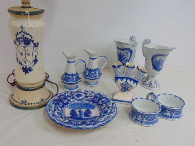 Delft lot, porcelain pitchers, table lamp, small vase, plate & double cup with handle, pair of (1 of 6)