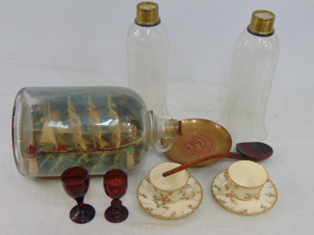 Ship in bottle, pair etched glass hurricane shades with brass collars, bronze & copper neo classical (1 of 9)