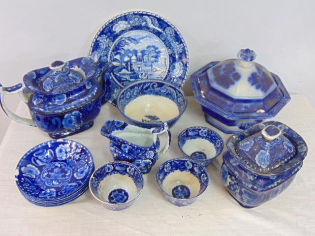Flo blue, Staffordshire lot of ironstone, plate, bowls, tea pot, covered bowls & more, some chips, (1 of 7)