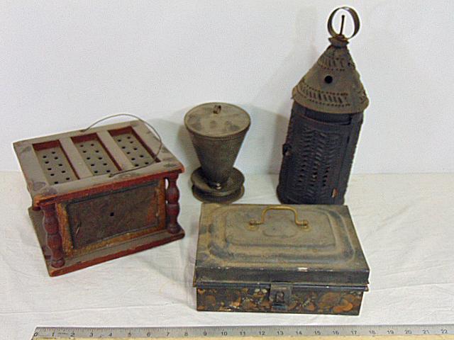 Early tole lot, foot warmer, pierced tin lantern, cone shaped vessel with lid & stenciled box. (1 of 7)