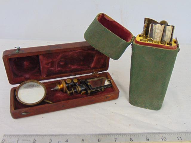 Traveling drafting kit in Shagreen case & optical instrument is case, sharkskin case in green with (1 of 6)