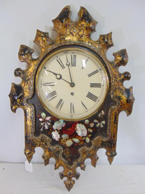 Iron wall clock with painted & mop inlaid floral decoration, untested, no pendulum or key, with gilt (1 of 6)