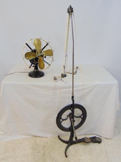 Westinghouse brass blade fan & 19th century dental drill with foot pedal, signed Paco. (1 of 8)
