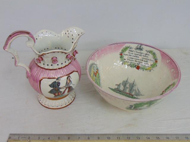 Sunderland luster bowl & pitcher, 19th Century polka puzzle jug & bowl with various transfer (1 of 9)