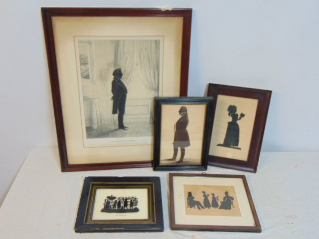 Lot silhouettes, cutouts, drawing, eglomise & print, includes 5 pieces, (1 of 6)