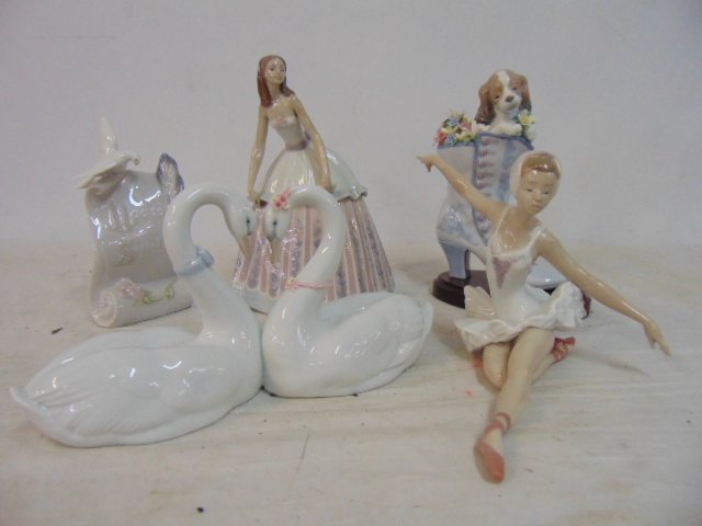 Lladro figurines, 5 pieces, including ballerina, lady in hoop dress, pair swans, "Lladro Society" (1 of 10)